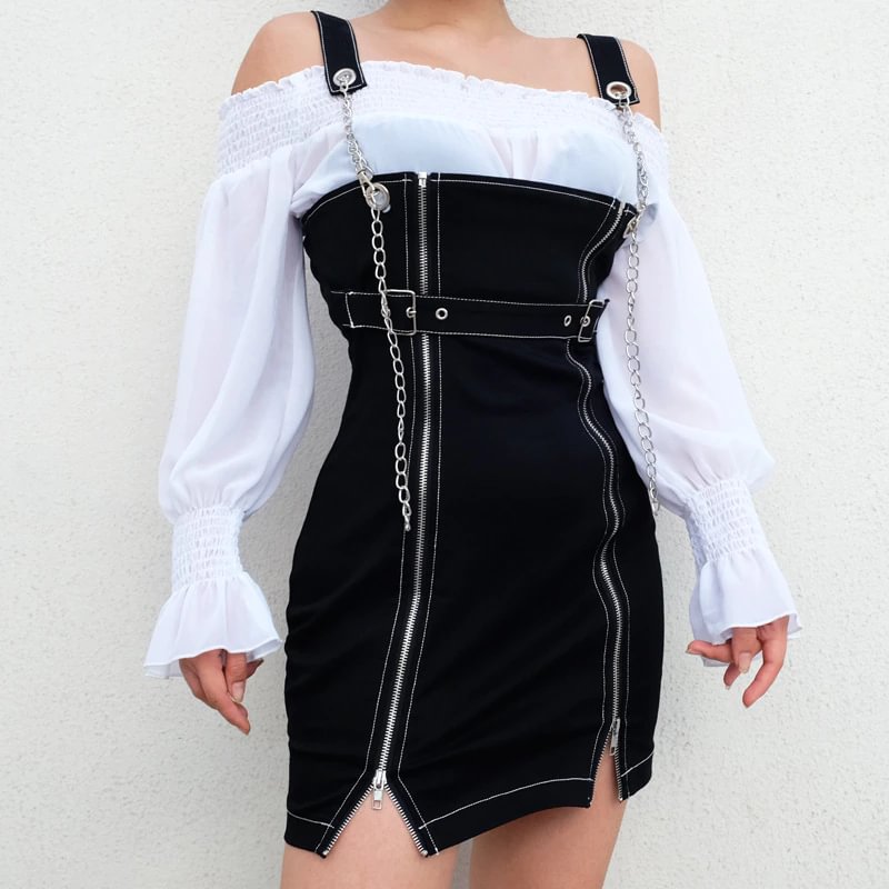 Toloer Rockmore Black Chain Zipper Split Straight Strappy Mini Dress Women Buckle Belt Punk Style Casual Dresses Fashion 2019 Summer