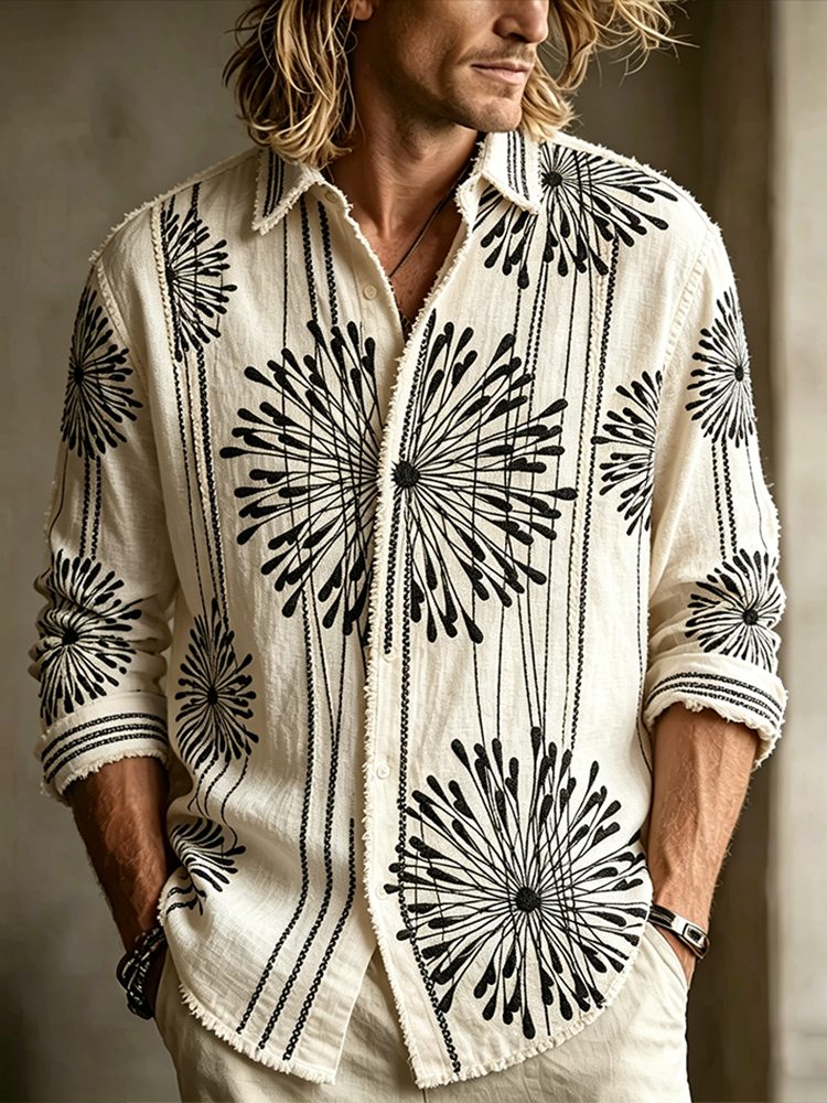 Comstylish Men's Retro Plant Flower Embroidery Pattern Design Casual Linen Shirt