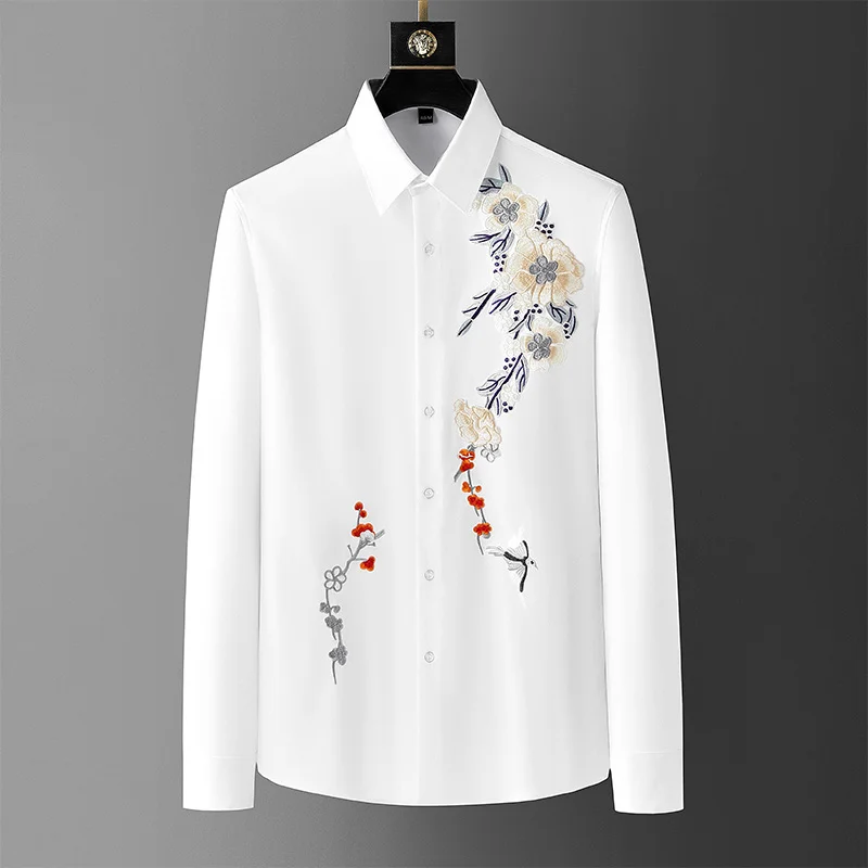 2024 Autumn Long Sleeve Shirt Men's National Style Fashion Embroidered Shirt Slim Fit Simple Versatile Shirt Men's Clothing