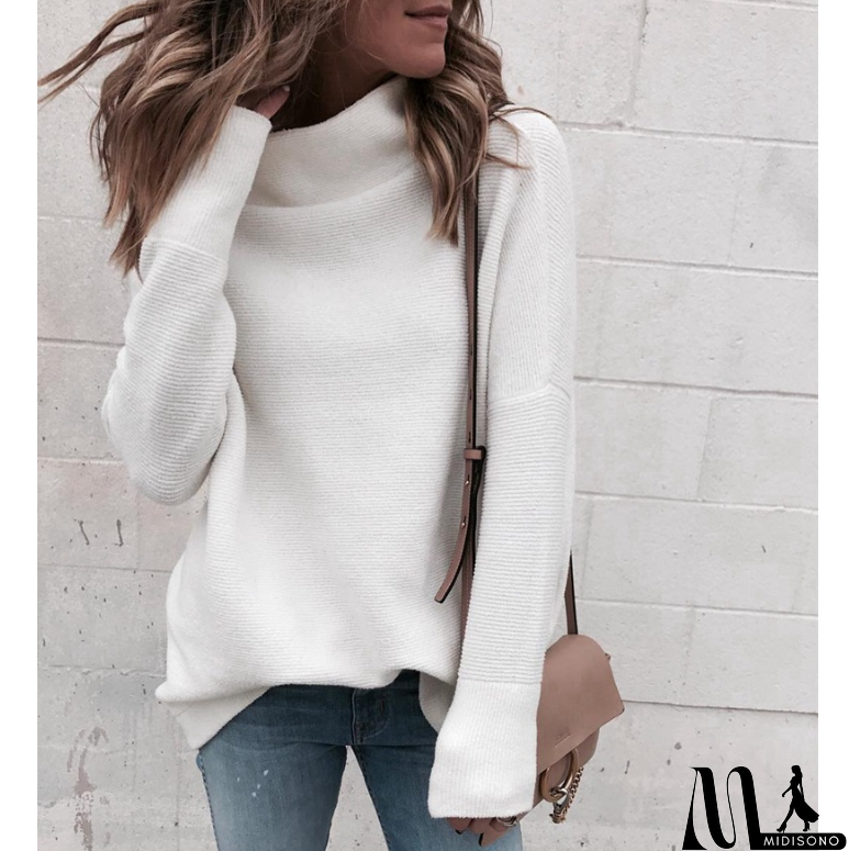 MidiSono - White Fashion High-Necked Long-Sleeved Knit Sweater