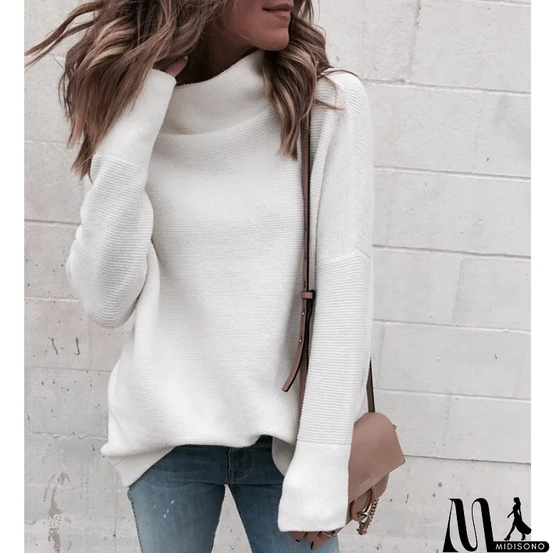 MidiSono - White Fashion High-Necked Long-Sleeved Knit Sweater