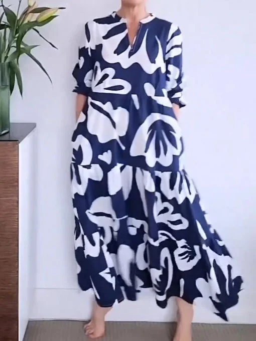 Leaves Print V-Neck Casual Long Maxi Dress