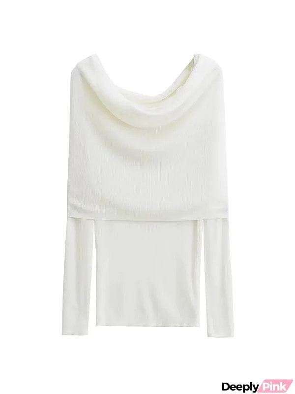 Long Sleeves Skinny Pleated Solid Color Split-Joint Off-the-shoulder Knitwear Pullovers