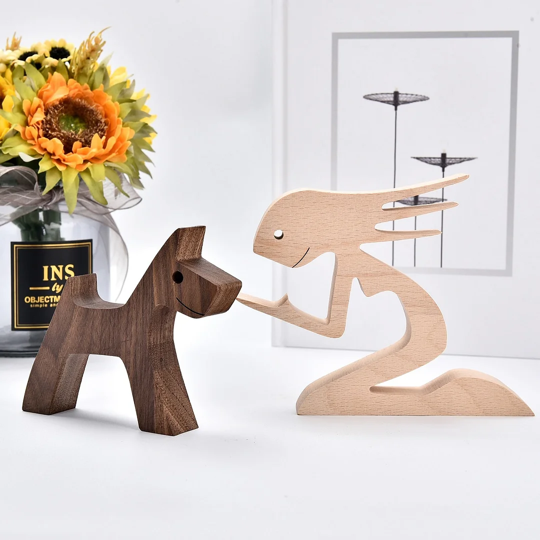 Handmade Wood Dog Decor Sculptures Craft Creative Figurine Ornement Decoration For Bedroom Home Office Decor Gift Natural