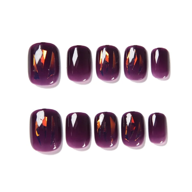 24Pcs/boxed Purple Color Round head Short press on Nails Aurora Effect Wearable fake nail tips full cover acrylic for girls DIY-Nail Inspo