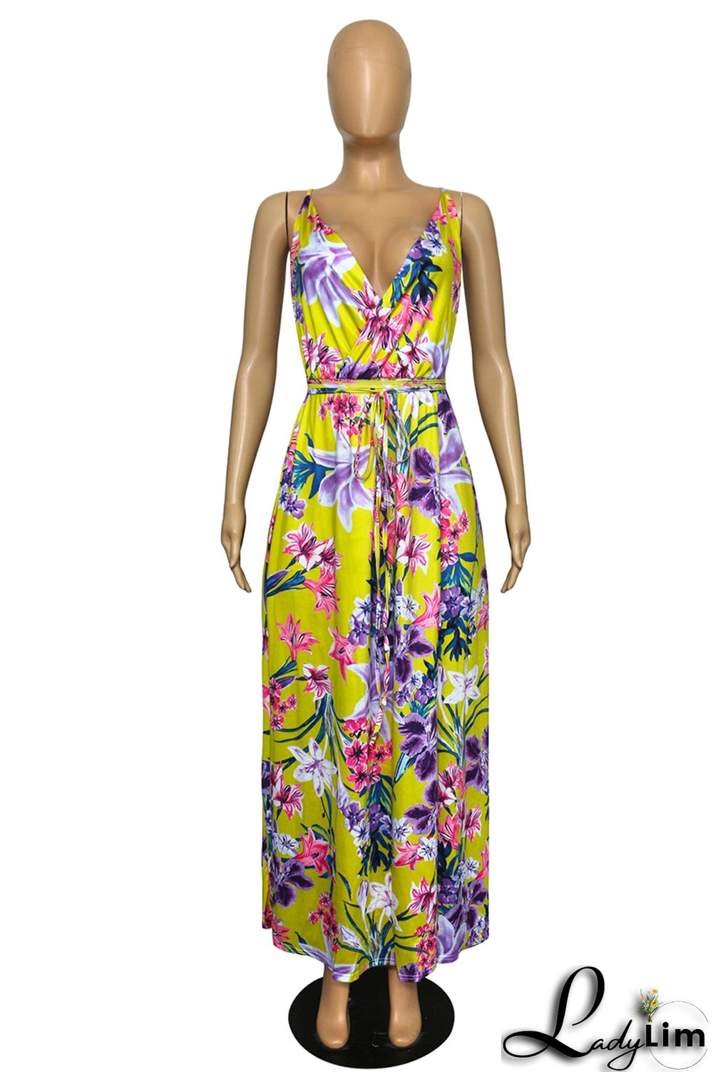 Black Fashion Sexy Plus Size Print Bandage Backless Slit Spaghetti Strap Long Dress
