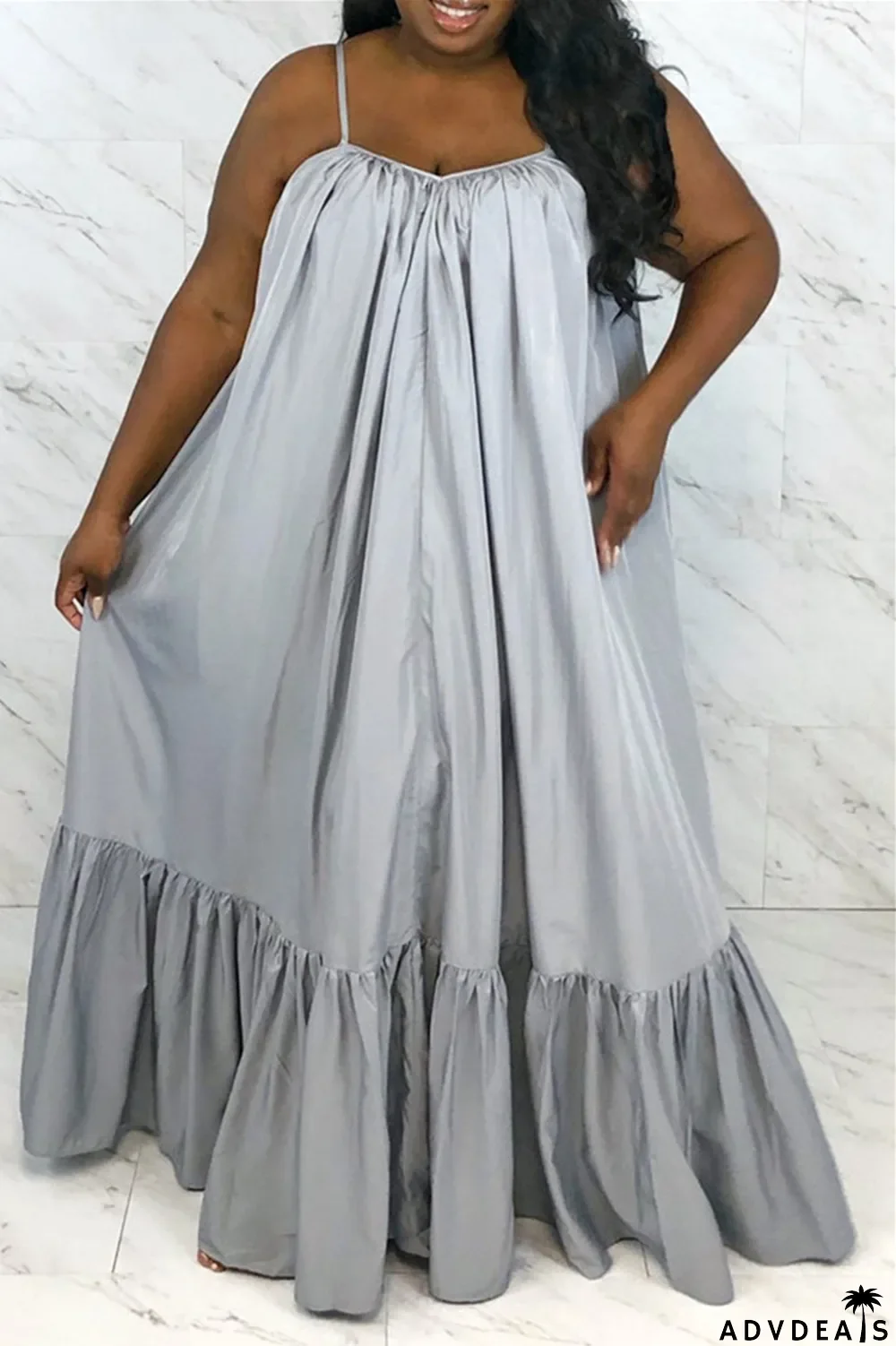 Dark Gray Sexy Casual Solid Backless Spaghetti Strap Loose Sling Dress