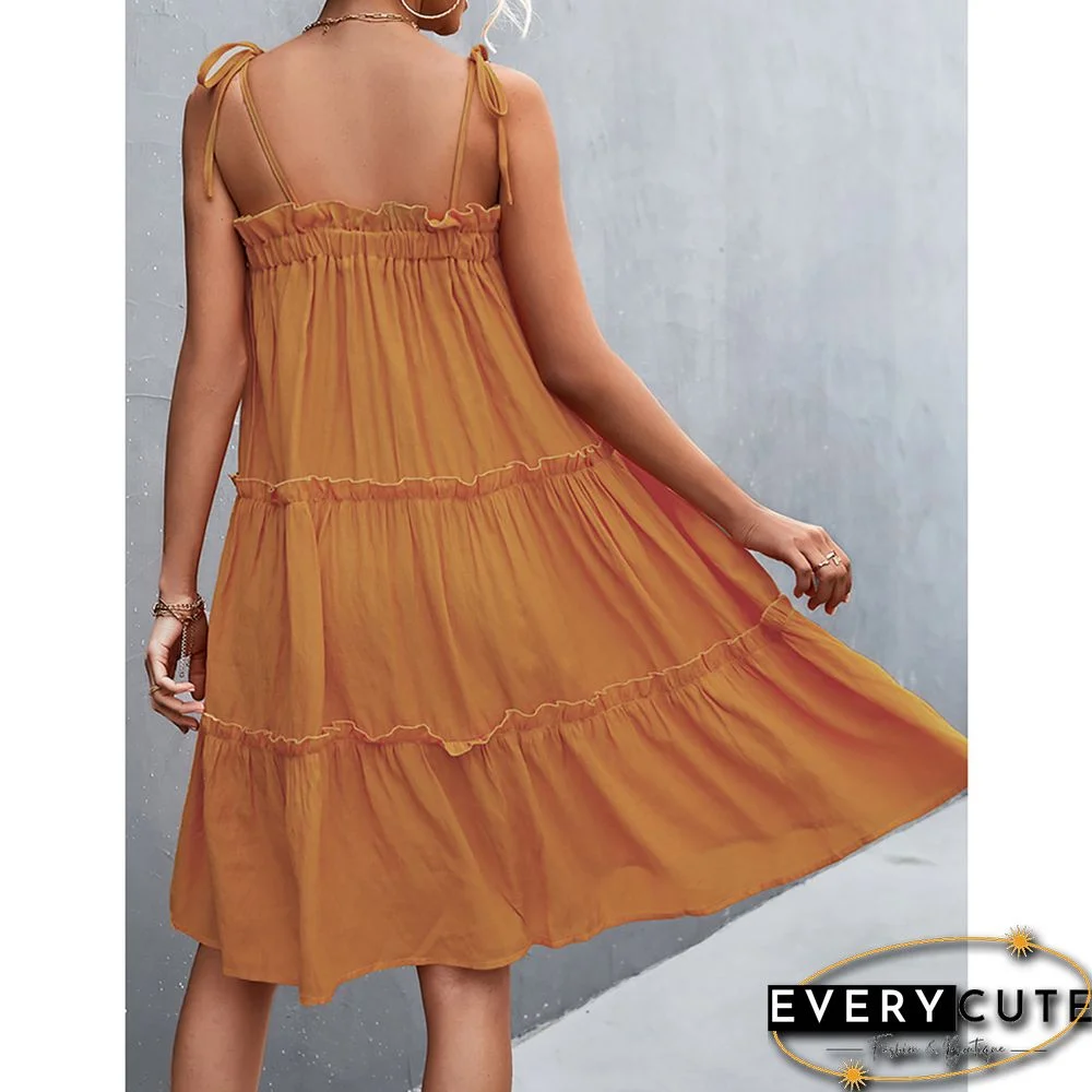 Khaki Lace-up Layered Swing Casual Dress