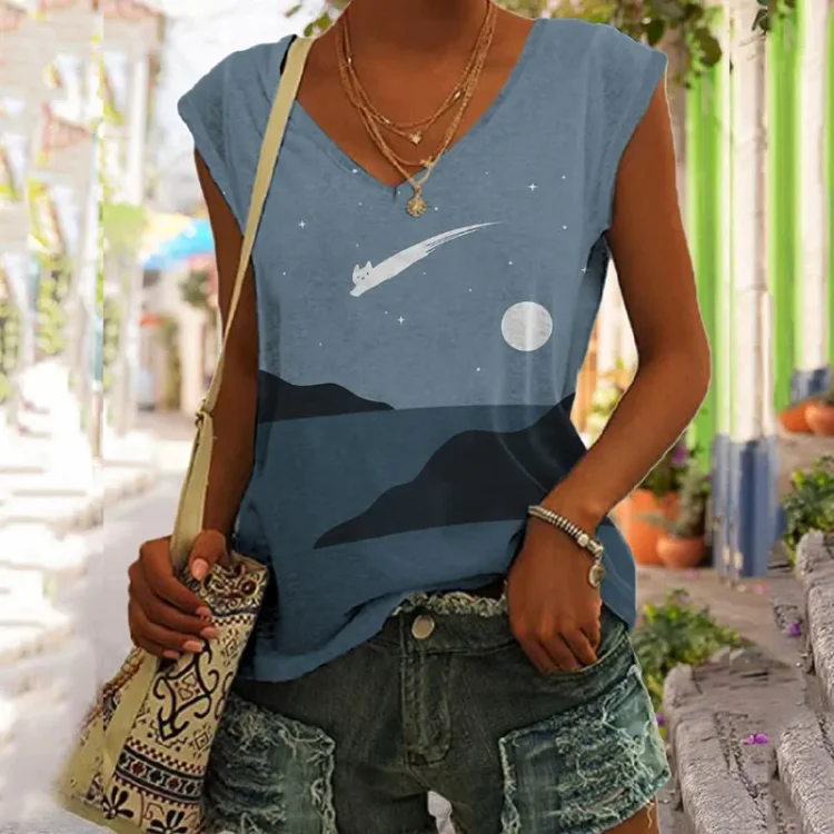 Abstract Creative Cute Cat Leaping Under The Starry Sky Art Painting Art Tank Top
