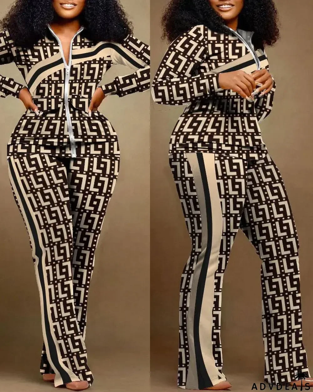 Plus Size Casual Print Zipper Long Sleeve Pant Two Piece Set