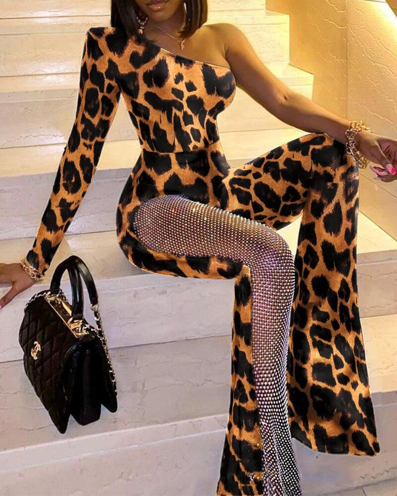 Leopard print one-shoulder paneled  jumpsuit-zachics