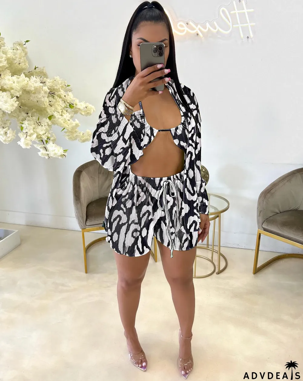 Sexy Print Cross Halter Bra+Cardigan+Short Three Piece Sets