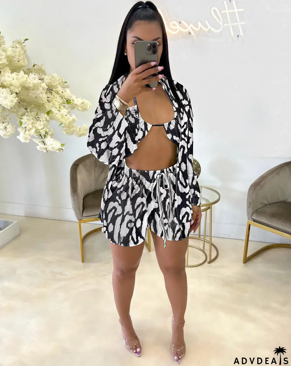 Sexy Print Cross Halter Bra+Cardigan+Short Three Piece Sets