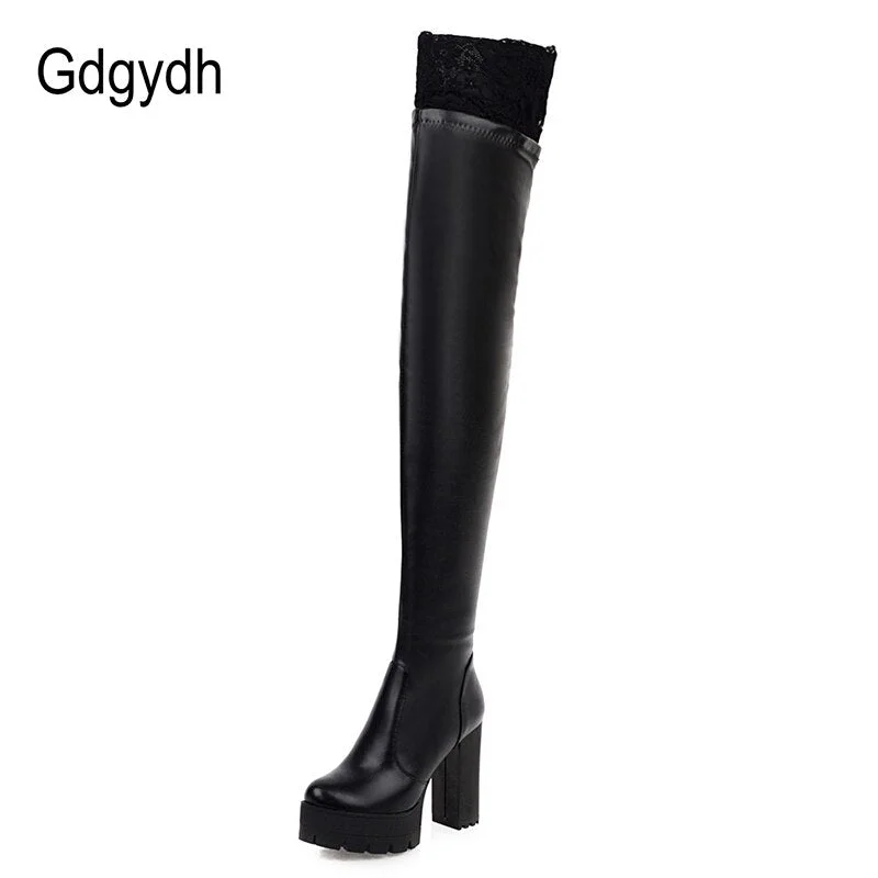 Gdgydh Sexy Lace Thigh High Boots For Plus Size Women Platform Shoes Over The Knee Boots Stretch Fabric Black Leather Winter New