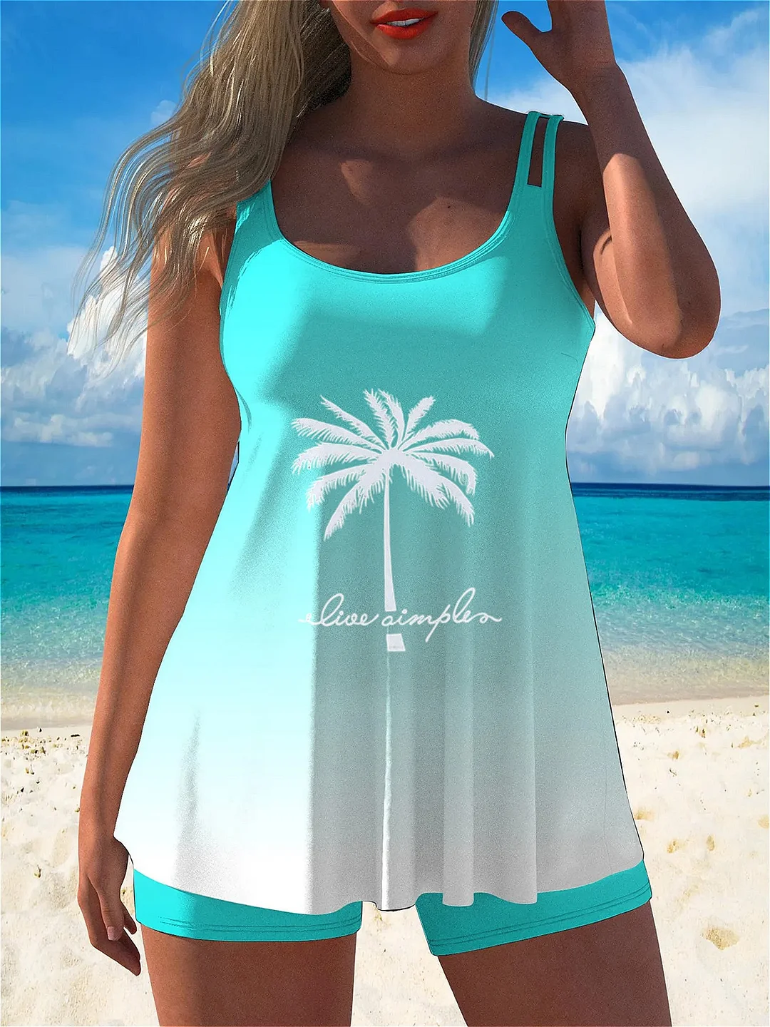 Women's Two-Piece Tankini Swimsuit Set, Elegant Palm Tree With Simple Slogan Print, Adjustable Shoulder Straps, Top & Matching Swim Shorts, Beachwear | IFYHOME