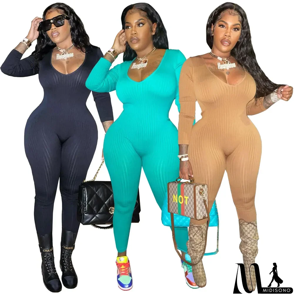 MidiSono - Solid Color Pit Strip Deep U-neck Jumpsuit