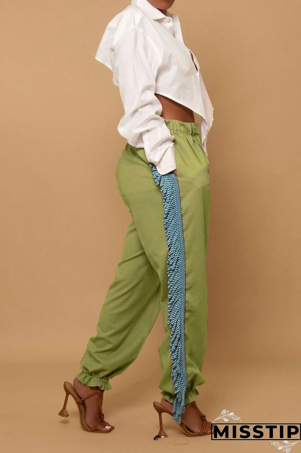 Black Casual Solid Tassel Patchwork Loose High Waist Pencil Solid Color Bottoms