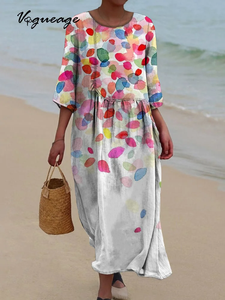 Bright Cheerful Colorful Leaves Printed Women's Casual Cotton And Linen Dress