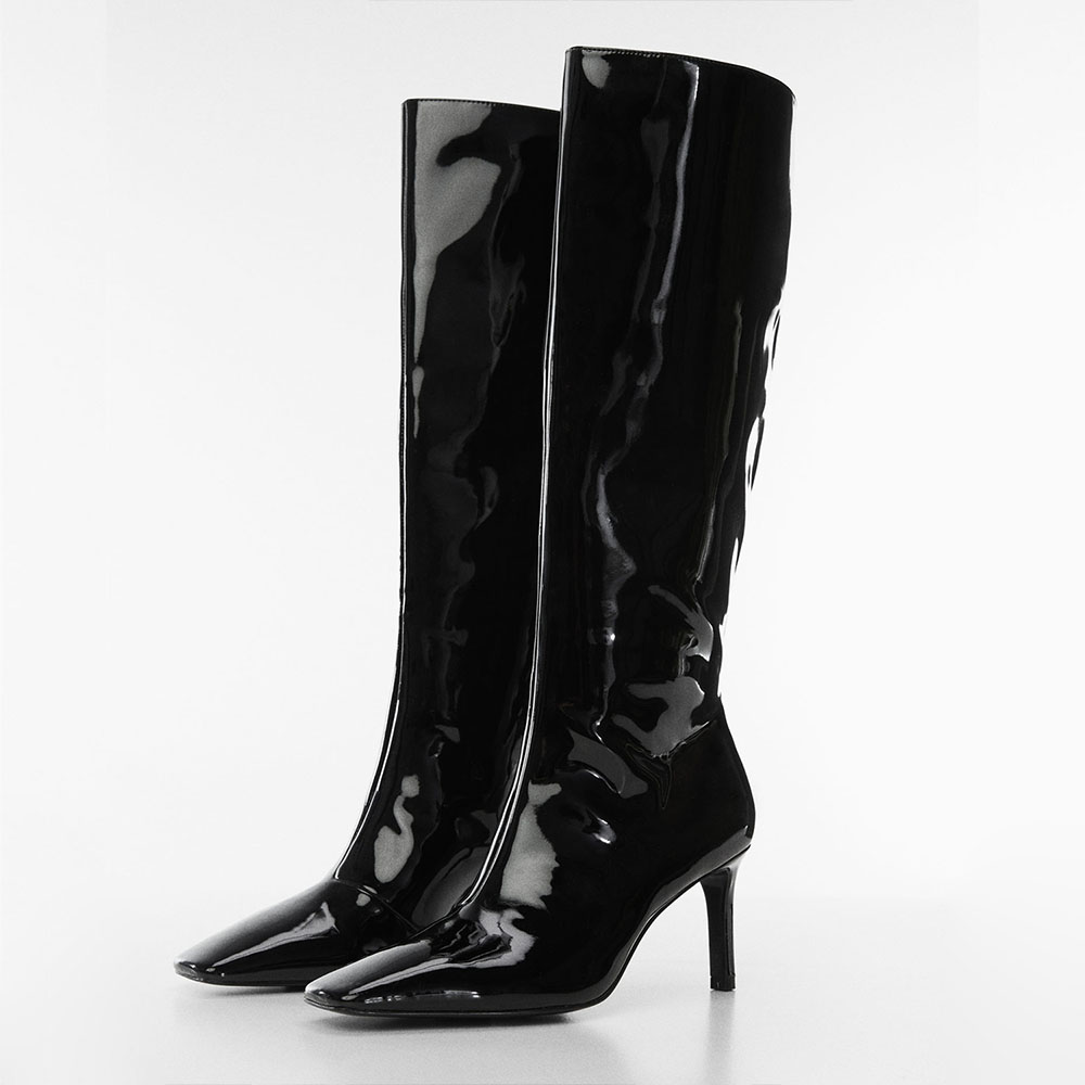Black Square Toe Stiletto Heel Wide Calf Knee High Boots Nicepairs