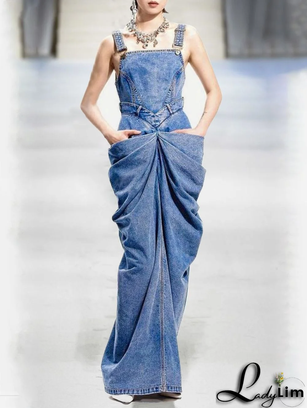 Fashion Buckle Sleeveless Ruched Design Denim Maxi Dress