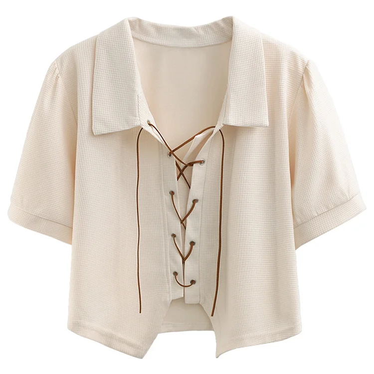 Fashion Pure Color Lace Up Polo T-Shirt - Modakawa modakawa