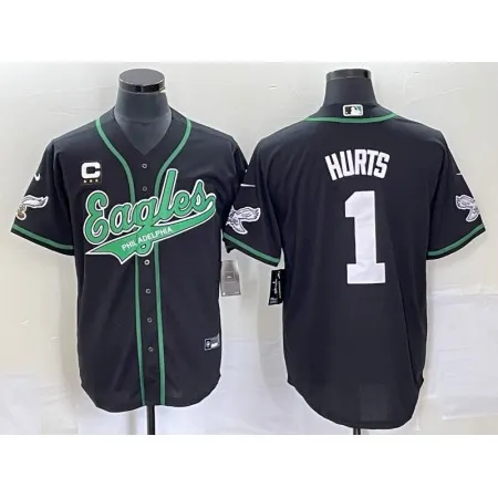 Men's Philadelphia Eagles #1 Jalen Hurts Black With 3-star  C Patch Cool Base Stitched Baseball Jersey