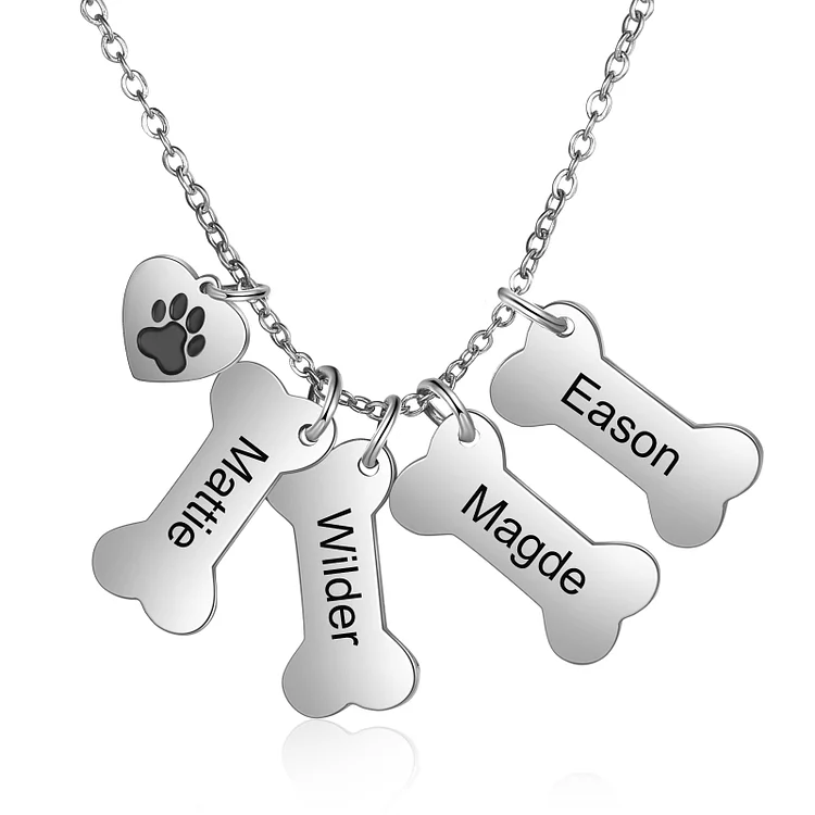 Personalized Dog Bone Necklace with Paw Charm Engraved 4 Names Pet Necklace