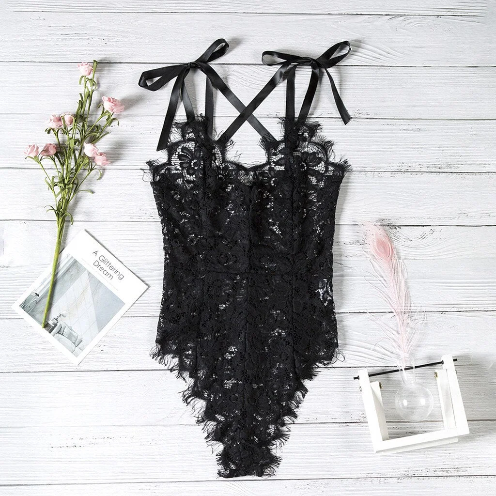 Fashion New Women Bra Lace Sexy Lingerie Gauze One-Piece Garment Lace Back Zipper Sling Ladies Underwear Black Plus Size 3XL