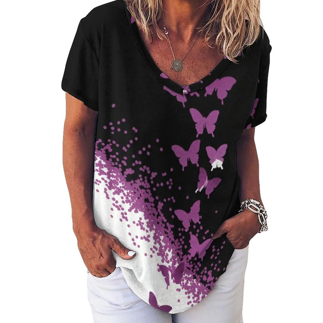 V-neck Short Sleeve Casual T-shirt for  Women Printed with Pattern Butterfly, Purple, Black