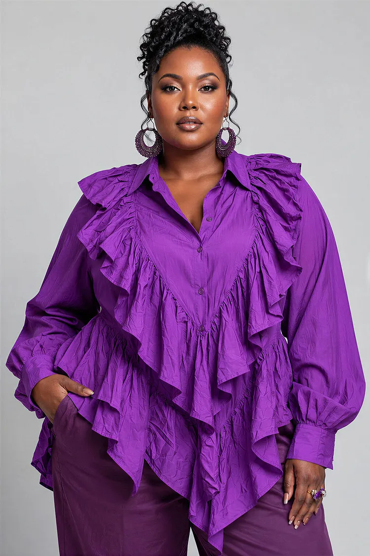 Xpluswear Design Plus Size Business Casual Purple Shirt Collar Lantern Sleeve Long Sleeve Ruffle Blouses [Pre-Order] 2024 - Xpluswear
