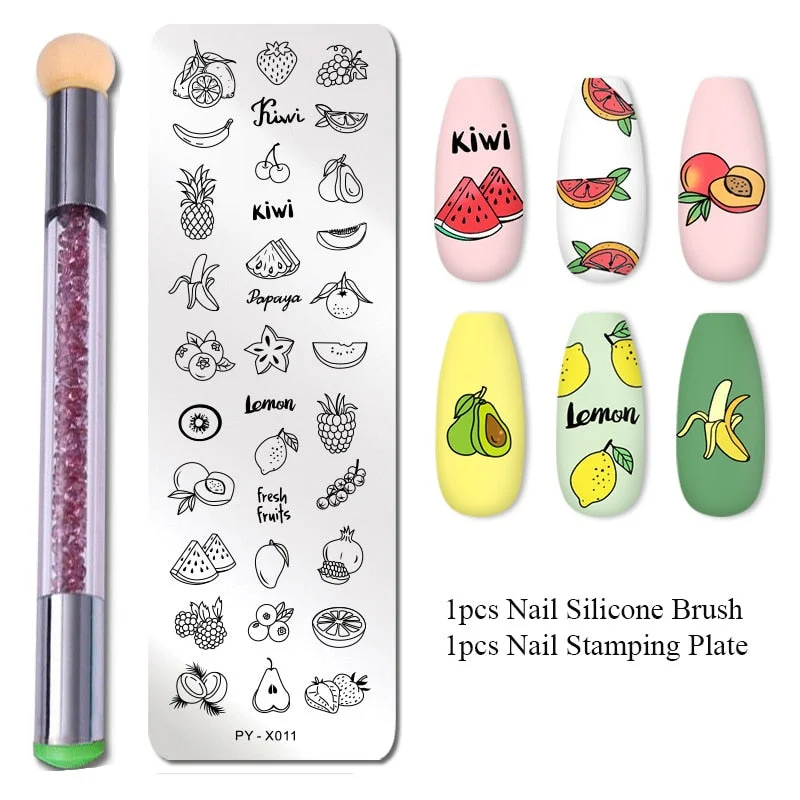 2Pcs/set Nail Stamping Plates Set Silicone Sponge Brush Polish Transfer Stencils Flower Geometry DIY Template for Nail Tools-Nail Inspo