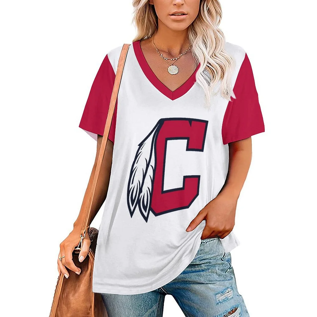 V-neck Short Sleeve Casual T-shirt for  Women Printed with Pattern,Navy,Red,White