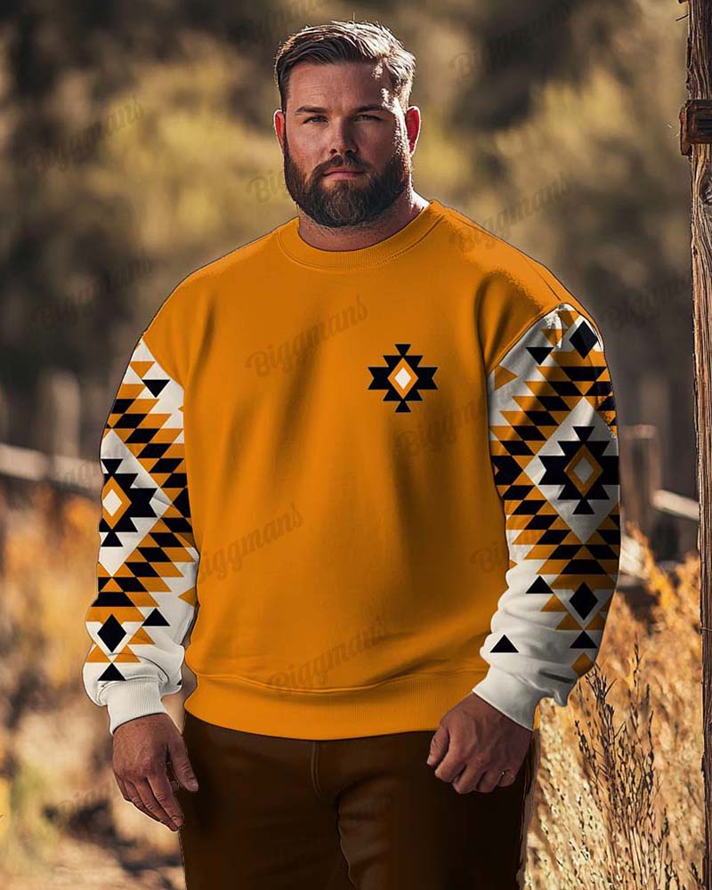Men's Plus Size Western Denim Yellow Retro Geometric Print Long Sleeve Round Neck Sweatshirt