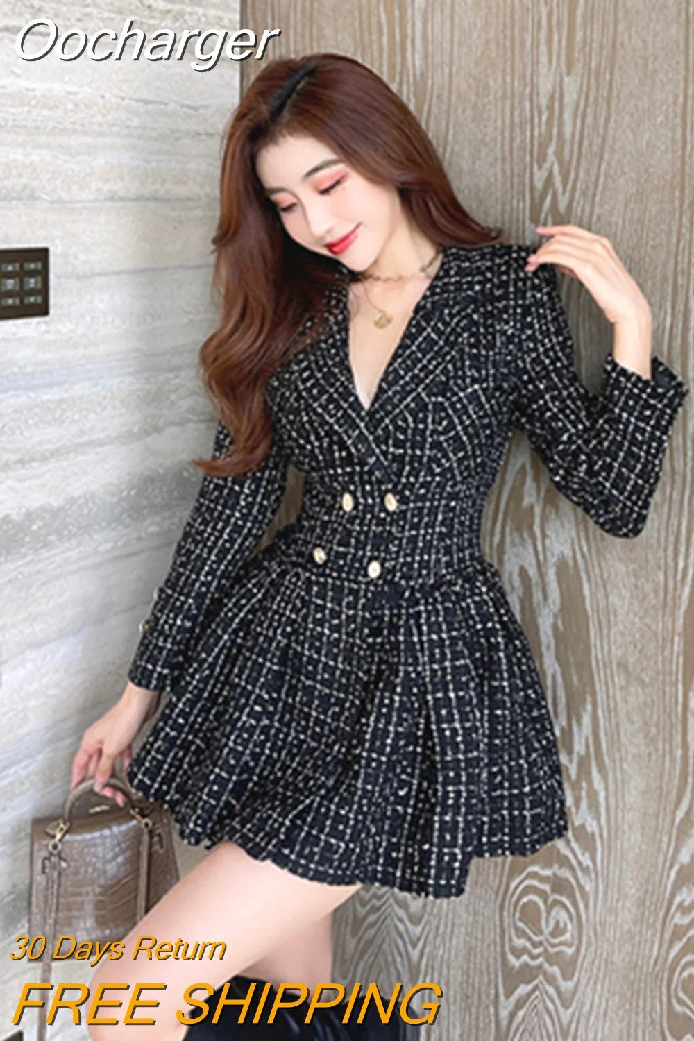 Oocharger Vestidos Plaid Autumn Winter Tweed Vintage A-line Women Dresses Double Breasted High Waist Elegant Robe Femme