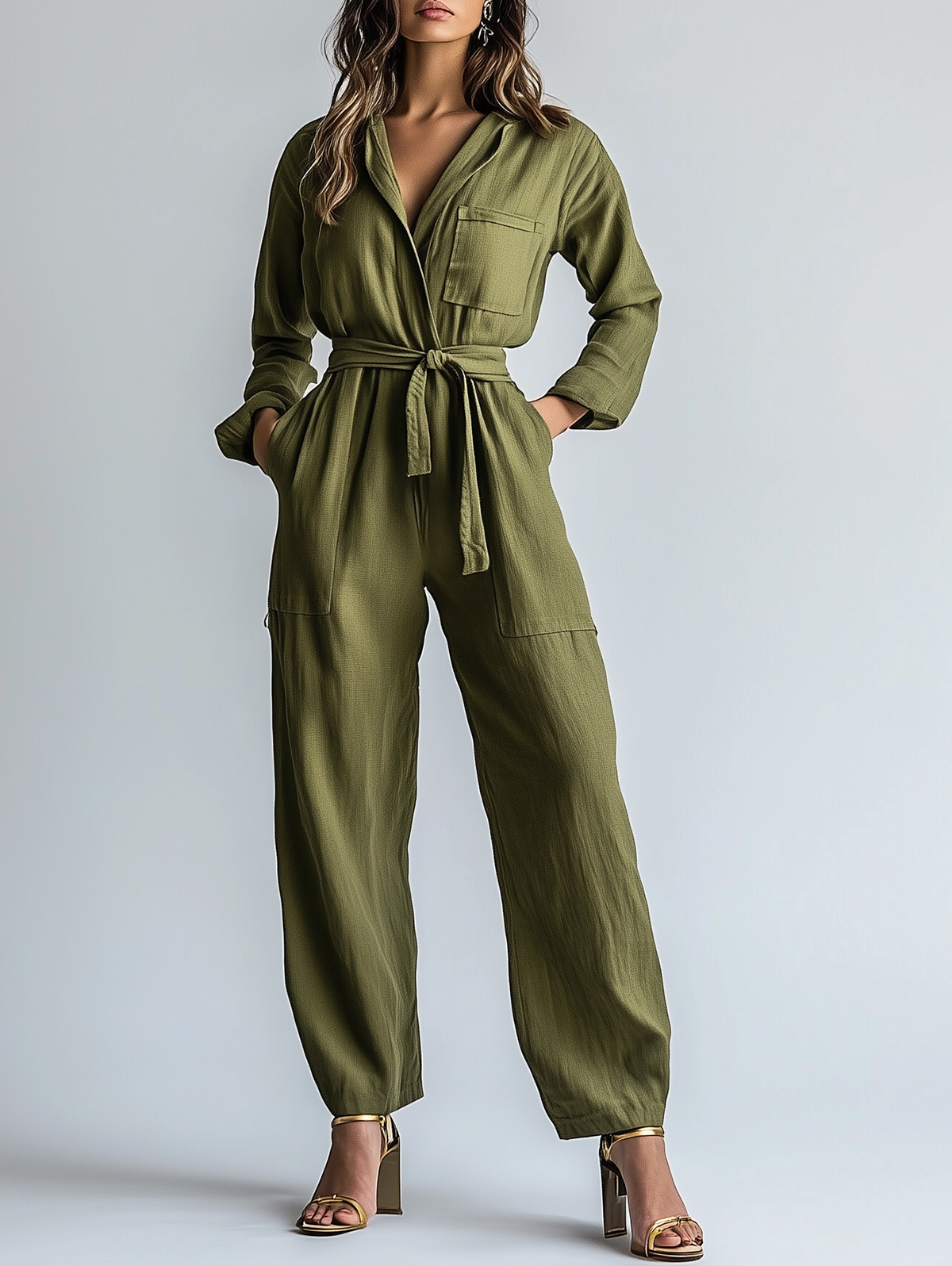 Ursime Cotton And Linen Long Sleeve Pocket Lace-Up Cargo Jumpsuit