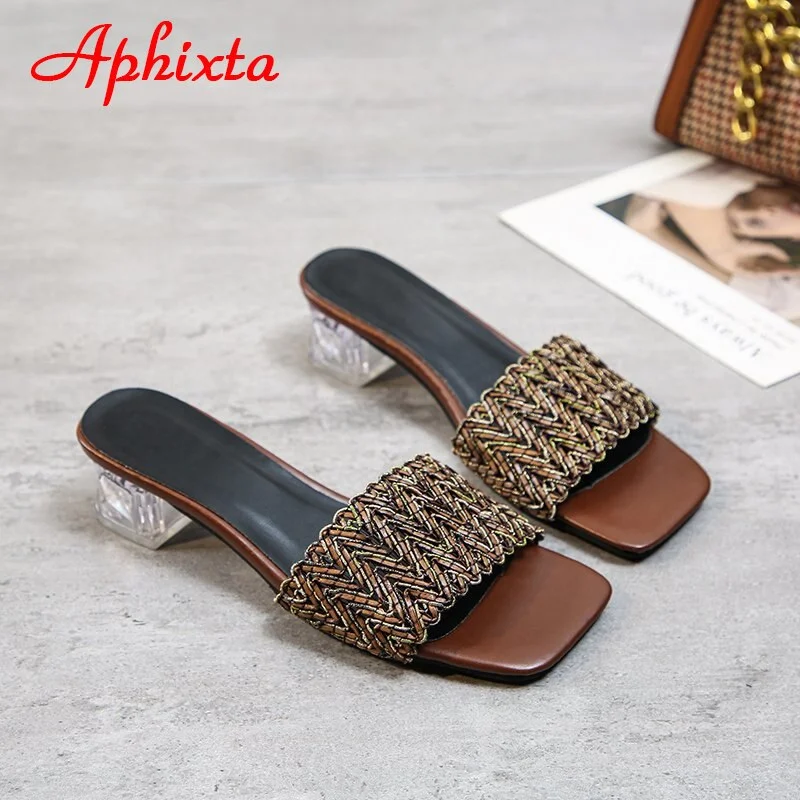 Aphixta 2021 New Summe Women Slippers Slides 5cm Transparent Square Heels Mules Women Flip Flops Shoes Plus Size 43 44