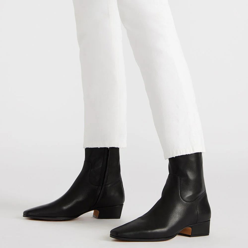 Black Vegan Leather Chunky Heel Square Toe Zipper Ankle Boots