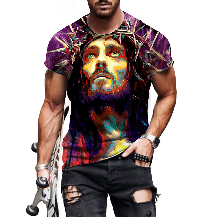 Jesus Printed Men's Casual Short Sleeve T-shirt at Hiphopee