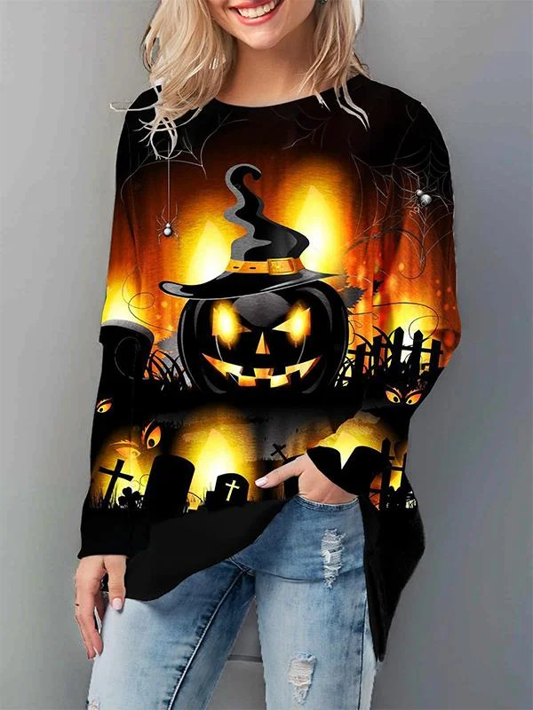 Casual Loose Halloween Round Neck Pumpkin Print T-shirt