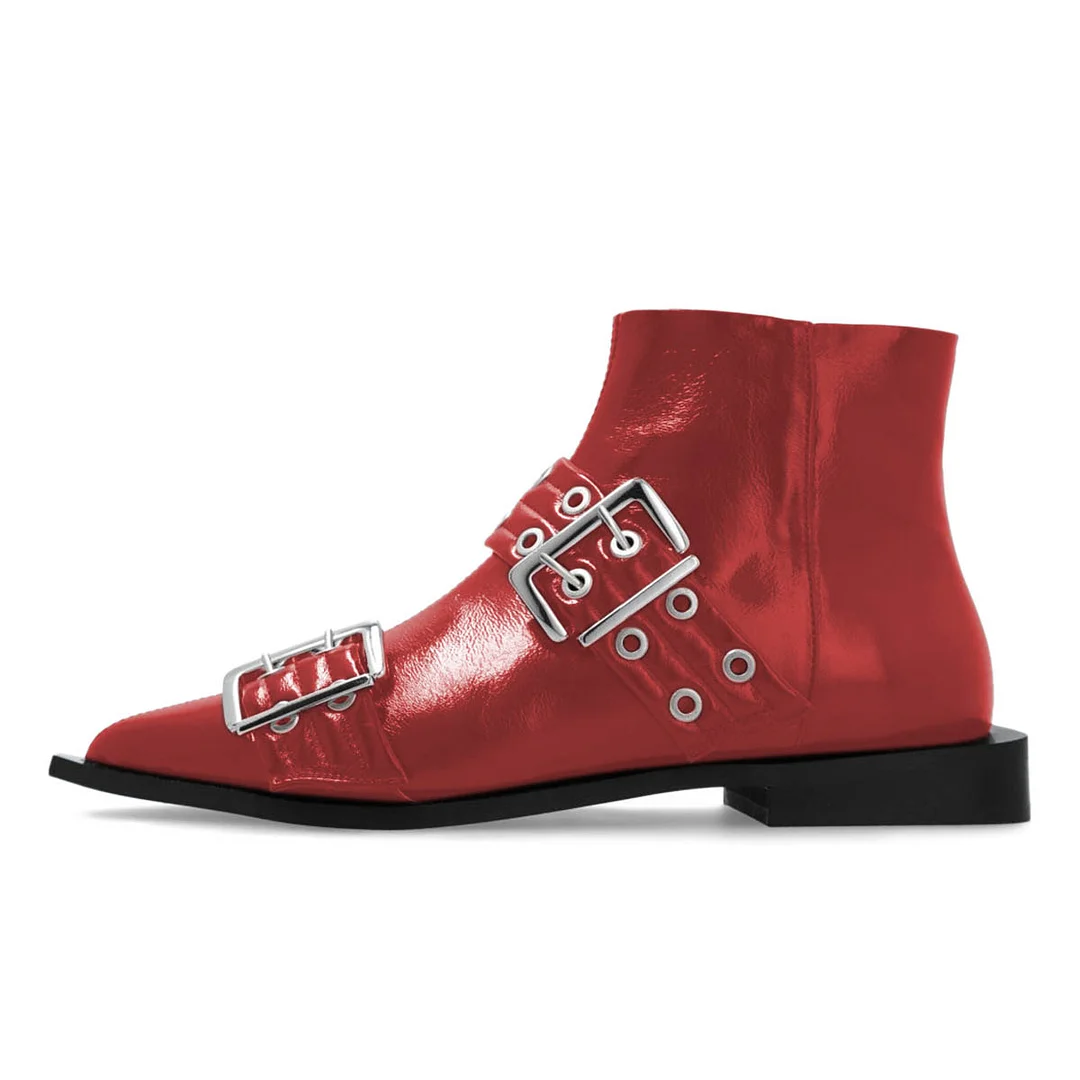 YDN Red Grommets Strap Pointed Toe Flat Short Boots for Women