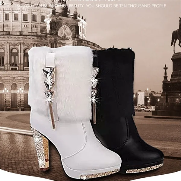 Winter Fashion Ladies Gorgeous Thick Heel Leather Faux Fur Boots (US Size 4.5-9.5, White / Black)