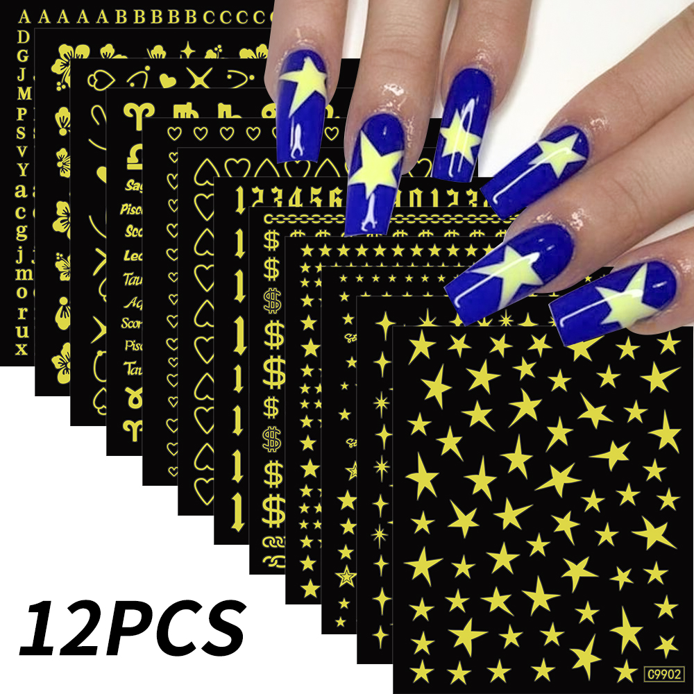 Bonusgor 12Pc Constellation Nail Stickers Pisces Aries Scorpio Alphabet Symbol 3D Bronzing Nail Art Sticker Self Adhesive Manicure Decals
