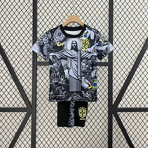 2024 Brazil Special Edition Jesus Black Gray Soccer Jersey Kids Size