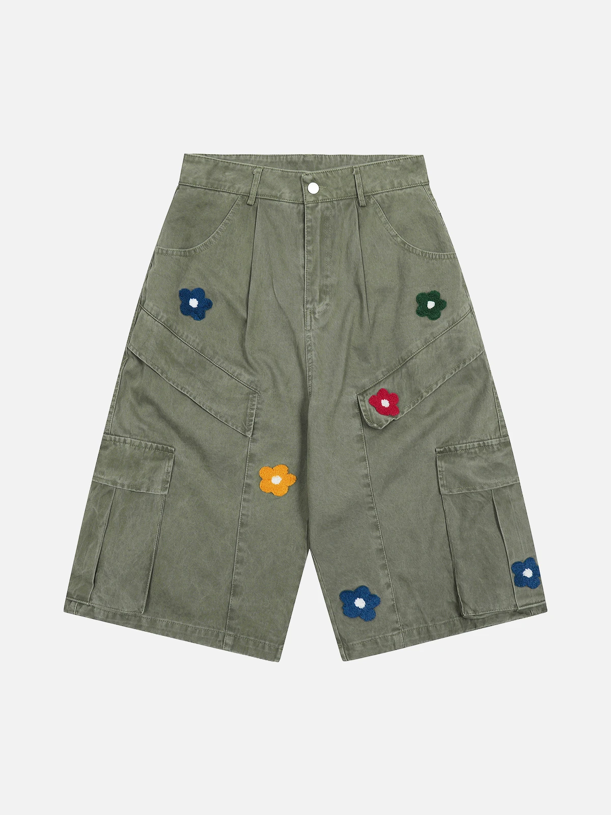 Green Act Chic Crochet Flower Longline Cargo Shorts Front
