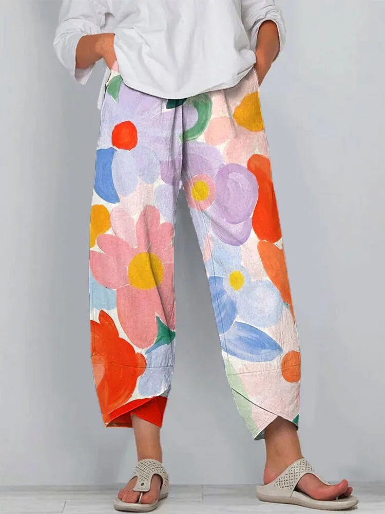 Women's Floral Art Printed Cotton And Linen Casual Pants