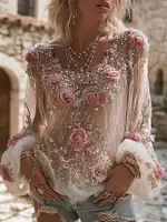 Vintage Pink Rose Embroidered Round Neck Long Sleeve Linen T Shirt