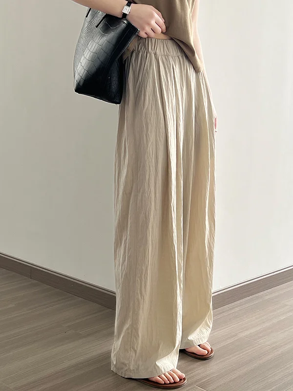 Solid Color Pleated Elasticity Wide Leg High Waisted Trousers Casual Pants Bottoms