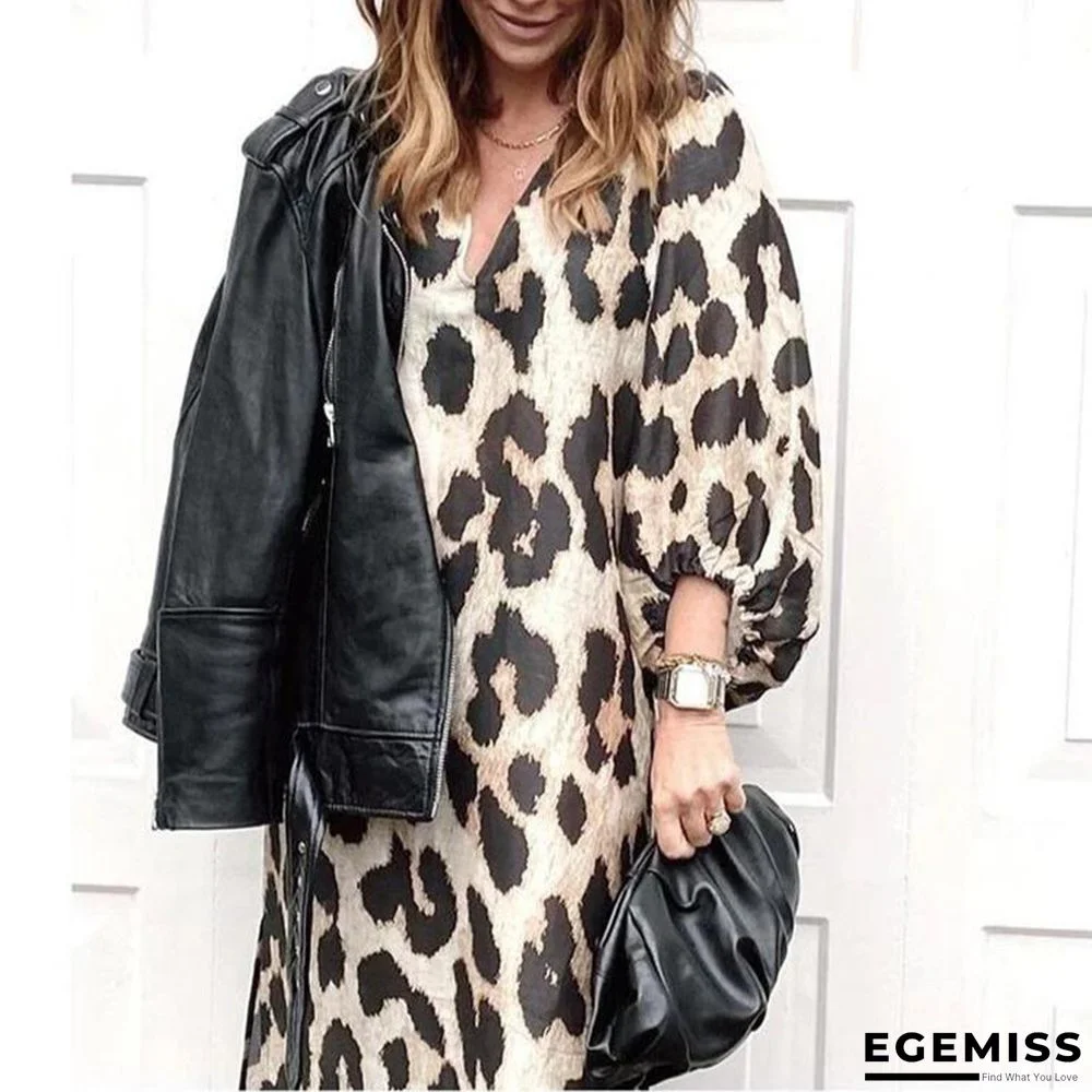 Fashion Leopard Print Loose Lantern Sleeve Dress Long Skirt | EGEMISS