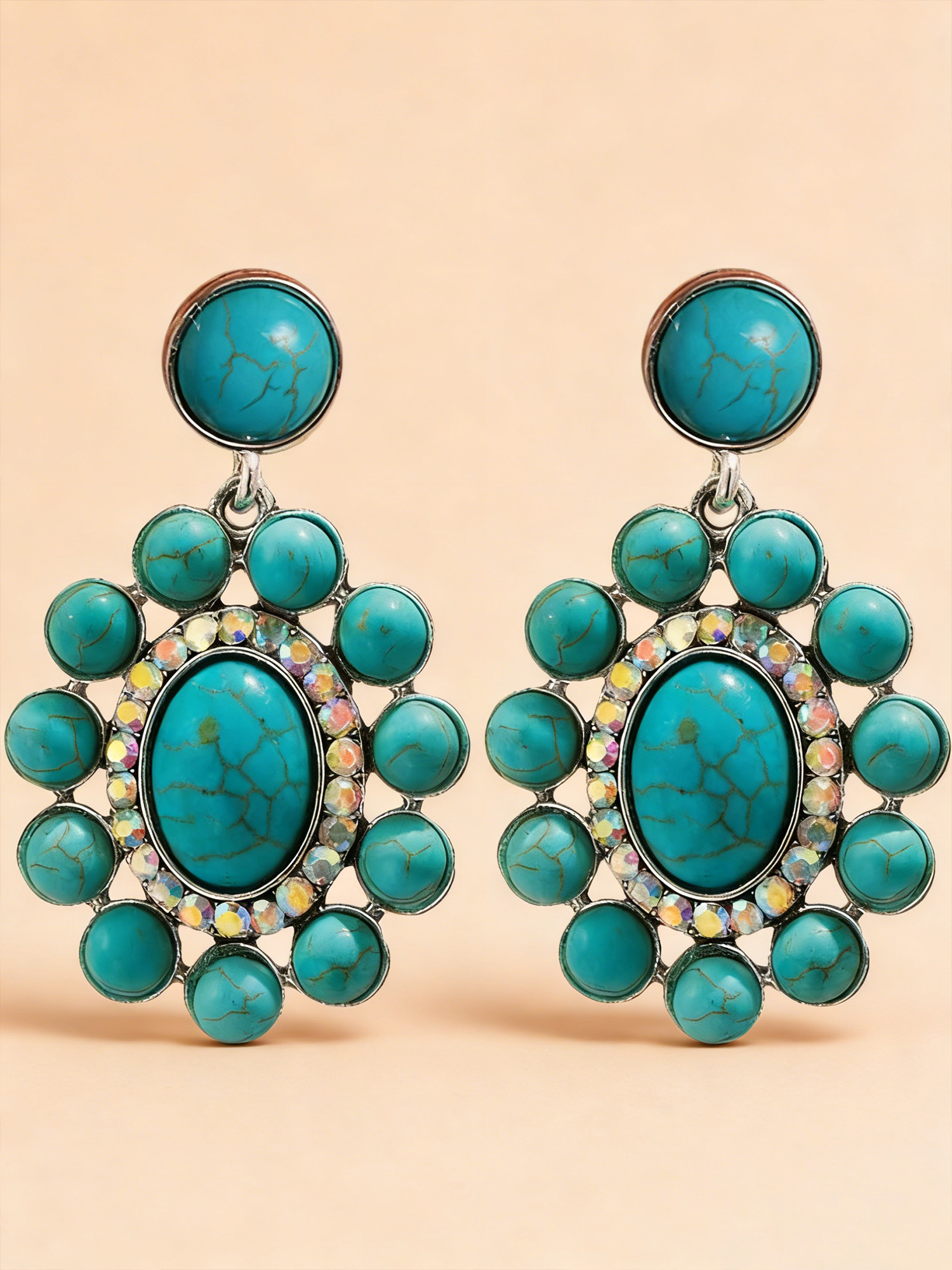 Ideal For Festivals Or Luxury Vacations &mdash; Sky Blue Faux Turquoise Texture & Sparkling Rhinestone Halo Premium Alloy Boho Oversized Sunflower Dangle Earrings
