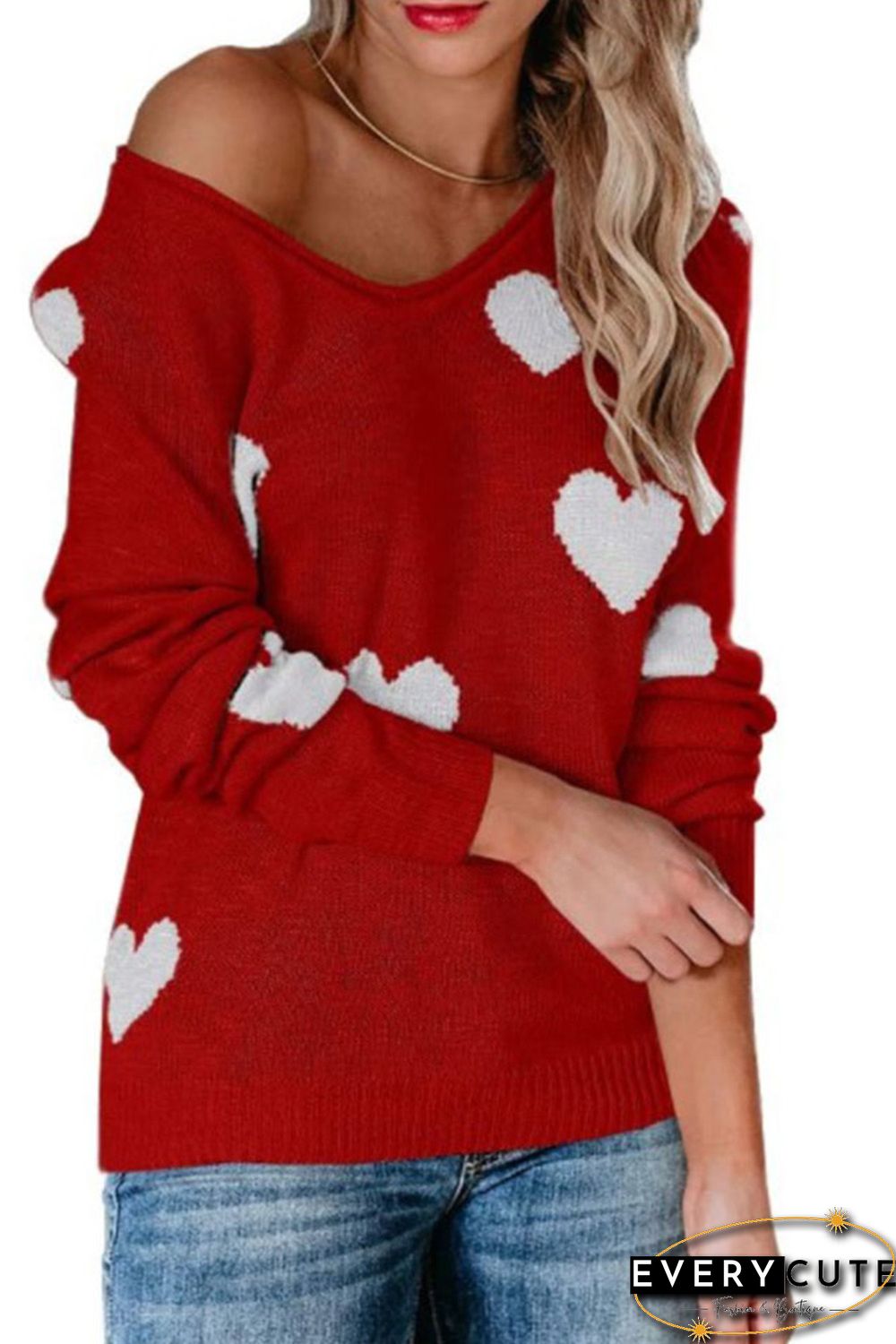 Red Heart Pattern V Neck Knit Sweater
